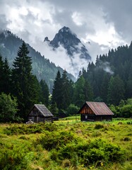 Two rustic cabins nestled in a green valley below a mountain and cloudy sky