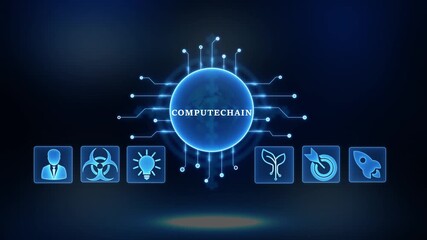 Futuristic digital network globe with interconnected nodes and glowing icons representing business growth innovation security and launch concepts on dark blue background - Powered by Adobe