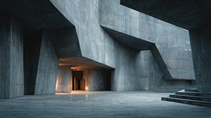 Abstract architecture featuring a geometric concrete exterior with overlapping planes and dramatic shadows ultra-modern