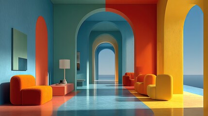 Abstract interior design with bold geometric shapes vibrant colors and surreal furniture in a minimalist space