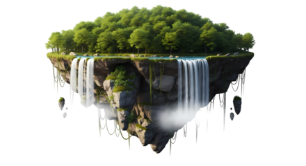 Floating Forest Island with Waterfalls on transparent background