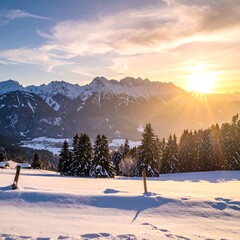 Snowy mountain range at sunset, sun rays pierce the clouds above a snow-covered valley