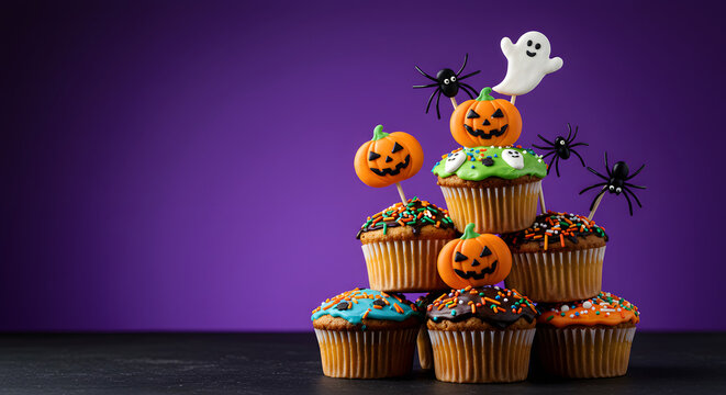 Stack of halloween cupcakes with pumpkin, ghost, and spider decorations against a vibrant purple backdrop creating a festive and spooky treat display
