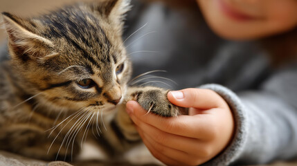 A child’s fingers touching a kitten’s paw softly, whiskers detailed, macro moment, blured background, with copy space, warm tones, emotional intimacy