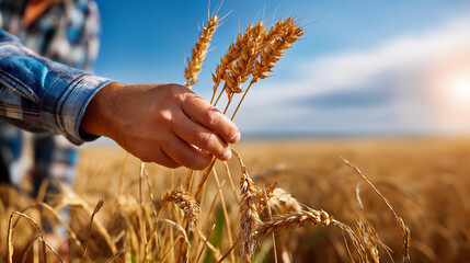 A farmer’s hand checking wheat grain, macro sunlight reflection, blured background, with copy space, harvest and care