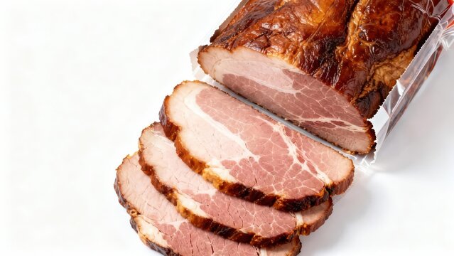 Sliced cured pork loin is presented in packaging against a white background.