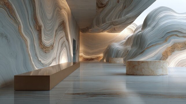Elegant abstract interior design with marble-like waves floating elements and a serene otherworldly ambiance