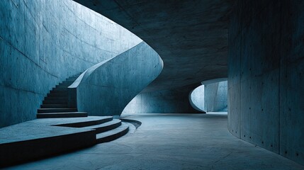 Sleek exterior of an abstract concrete structure with curved and angular geometric elements high contrast