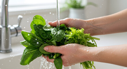Woman washing fresh green vegetables under running water in kitchen sink for healthy eating and preparing vegetarian salad with spinach and lettuce