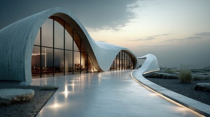 Obraz premium A high-tech exterior architecture design with seamless cement curves smart glass and solar panel integration