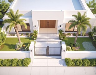 Opulent mansion entrance with grand driveway, ornate gates, and lush palm trees
