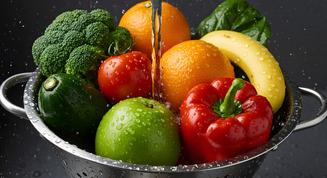 Fresh fruits and vegetables in a colander being washed with water for a healthy diet and lifestyle concept - Powered by Adobe
