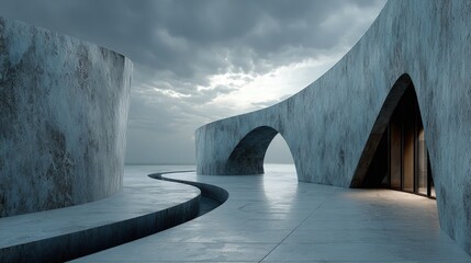 Futuristic abstract architecture with a textured concrete exterior dynamic geometric forms and open voids