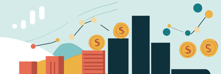 Fototapeta premium Flat vector illustration of financial growth chart with stacks of coins, bar graphs, and abstract data visualization elements in minimalist style