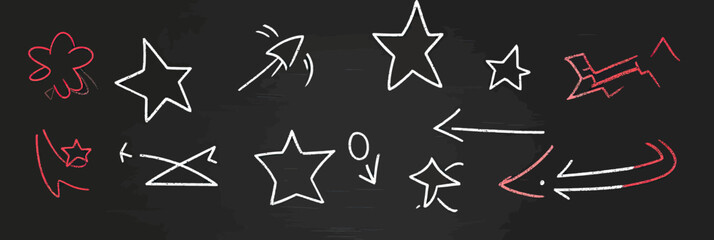 Obraz premium Hand drawn red and white star sparkle doodles with arrows and underlines on black chalkboard background vector illustration design elements emphasis highlights