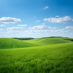 Fototapeta premium Summer Rolling Green Field Landscape Under a Blue Sky with Clouds