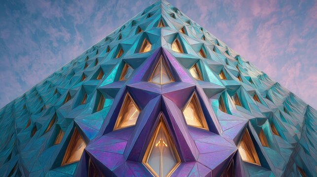 Fractal-based abstract building design repeating geometric patterns and iridescent materials under sunlight