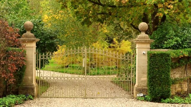 Ornate wrought iron gate opening in an English countryside manor garden. Cotswolds countryside, England