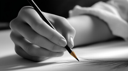 A painter’s hand drawing first sketch lines, macro graphite detail, blured background, with copy space, inspiration spark