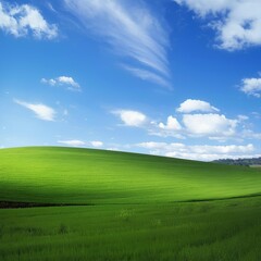 Obraz premium Beautiful Green Grass Field Under Blue Sky with White Clouds – Peaceful Nature Landscape Background