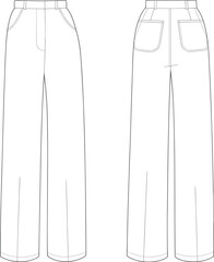 Technical flat sketch, women straight leg pants, CAD fashion drawing, front and back view, apparel design template, garment construction illustration