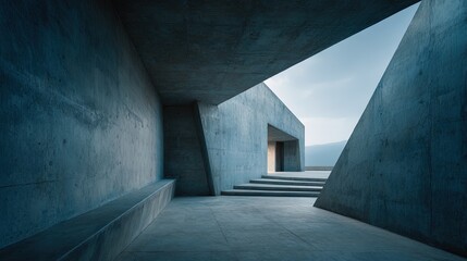 Minimalist abstract architecture exterior with smooth concrete surfaces and precise geometric cutouts