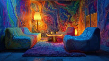 Psychedelic abstract interior design with swirling patterns glowing furniture and an immersive trippy atmosphere