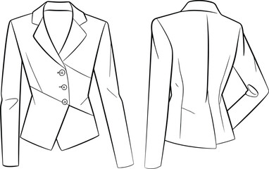 Technical flat sketch, women tailored blazer, asymmetrical design, CAD fashion drawing, front and back view, garment construction template, apparel illustration