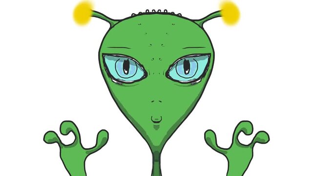 The green alien shows his fingers and shakes or dances his head.