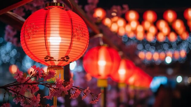 Closeup of red chinese lanterns with bokeh lights