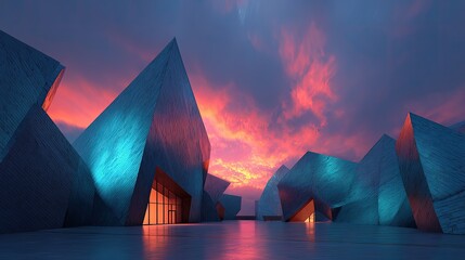 Dynamic abstract building exterior with fragmented planes metallic textures and vibrant neon lighting at dusk