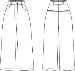 Technical flat sketch, women wide leg pants, CAD fashion drawing, front and back view, apparel design template, garment construction illustration