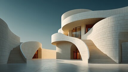 Minimalist abstract facade featuring soft curves neutral tones and hidden lighting for a surreal architectural effect