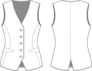 Technical flat sketch, women tailored vest, CAD fashion drawing, front and back view, apparel design template, garment construction illustration