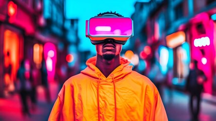Fototapeta premium Virtual reality experience urban street portrait neon lighting close-up immersive technology