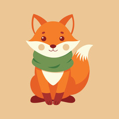 Obraz premium Cute fox wearing green scarf with autumn leaves background, smiling cartoon character vector.