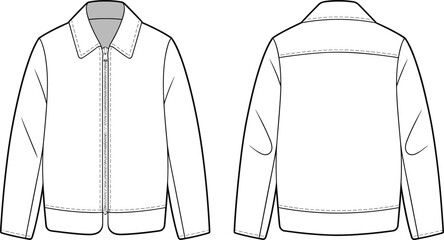 Technical flat sketch, women zipper jacket, CAD fashion drawing, front and back view, apparel design template, garment construction illustration