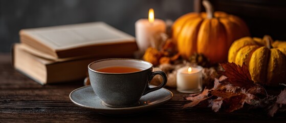Cozy autumn scene with pumpkin decorations lit candles warm beverage open book on rustic wooden table