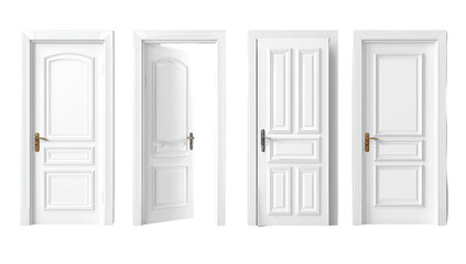 Naklejka premium Four white doors, showing different opening states. Each door has a classic, ornate design, with paneling and an arched top on the leftmost door. Handles are visible