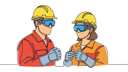 Continuous Line Art of Factory Technicians in Protective Helmets and Goggles – Minimal Black Outline Representing Safety Standards, Industrial Workforce, and Modern Engineering