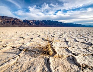 Vast, cracked desert landscape under a dramatic, cloudy sky