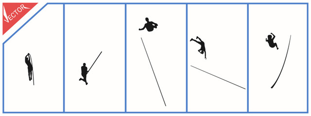 Black silhouette of pole vault athlete on white background, sport vector