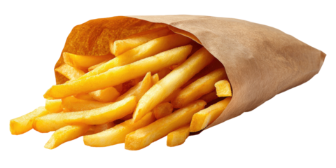Crispy golden french fries in a brown paper bag