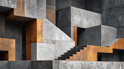 Modern concrete building exterior with abstract geometric patterns asymmetrical shapes and a monochrome palette