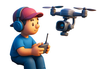 Cartoon boy with cap and headphones flying a camera drone using remote on isolated white background, playful concept, Ai generative