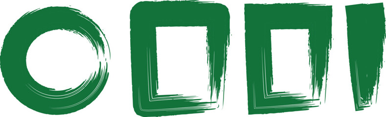 Set of green brush stroke geometric shapes including a circle, square, rectangle, and line, isolated on transparent background