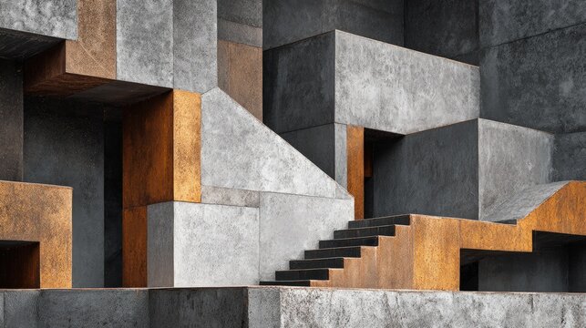 Modern concrete building exterior with abstract geometric patterns asymmetrical shapes and a monochrome palette