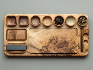 Elegant wooden tray with various bowls and utensils for serving food and condiments