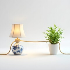 Elegant Blue Porcelain Lamp and Lush Green Plant Arrangement