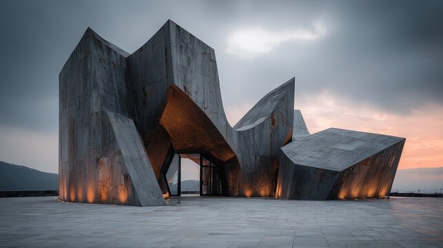 Exterior of a bold abstract structure with fractured concrete geometry and a futuristic urban vibe